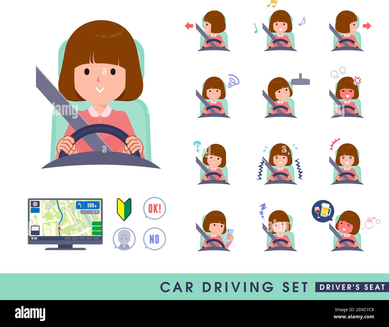 Un ensemble de femmes conduisant une voiture (siège de conduite).c'est l'art vectoriel si facile à éditer. Illustration de Vecteur