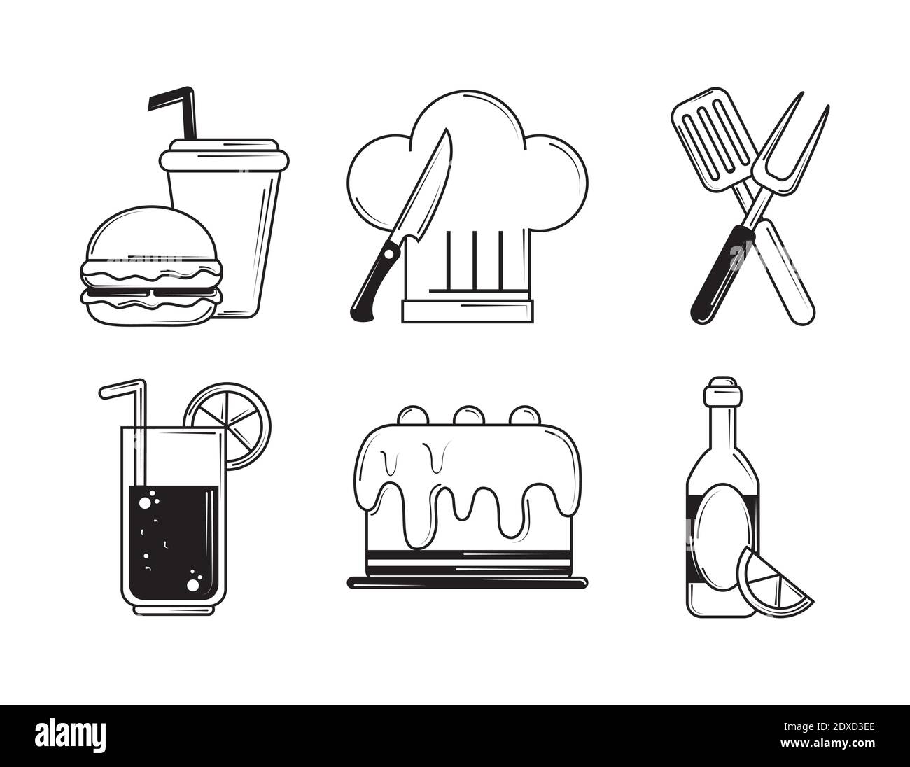 restaurant gâteau hamburger soda collection de bière icônes dans le style de ligne illustration vectorielle Illustration de Vecteur