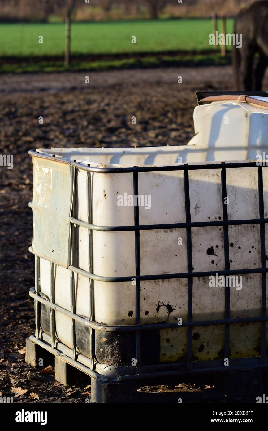 Grand réservoir à eau blanche pour animaux sur un enclos Banque D'Images