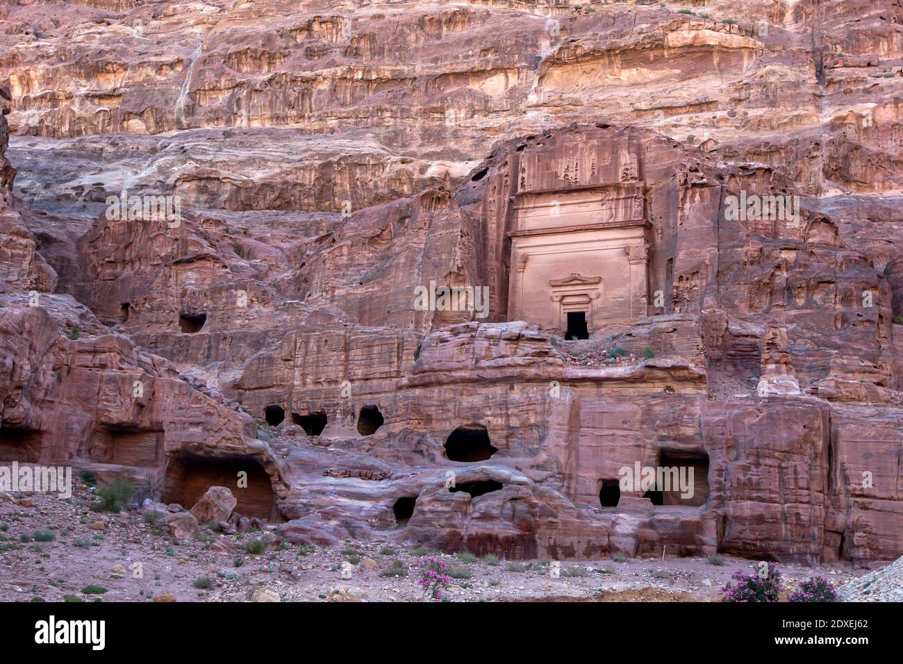 Les ruines de bâtiments sculptés dans des falaises de grès rose le long de façades Street à l'ancien site de Petra en Jordanie. Banque D'Images
