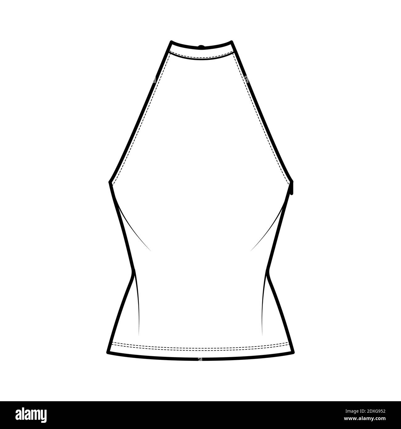 Haut court col haut débardeur dos-nu jersey de coton illustration technique de la mode avec noeud, coupe près du corps, longueur de la taille. Modèle de vêtement extérieur plat à l'avant, couleur blanche. Femmes hommes unisexe CAD maquette Illustration de Vecteur