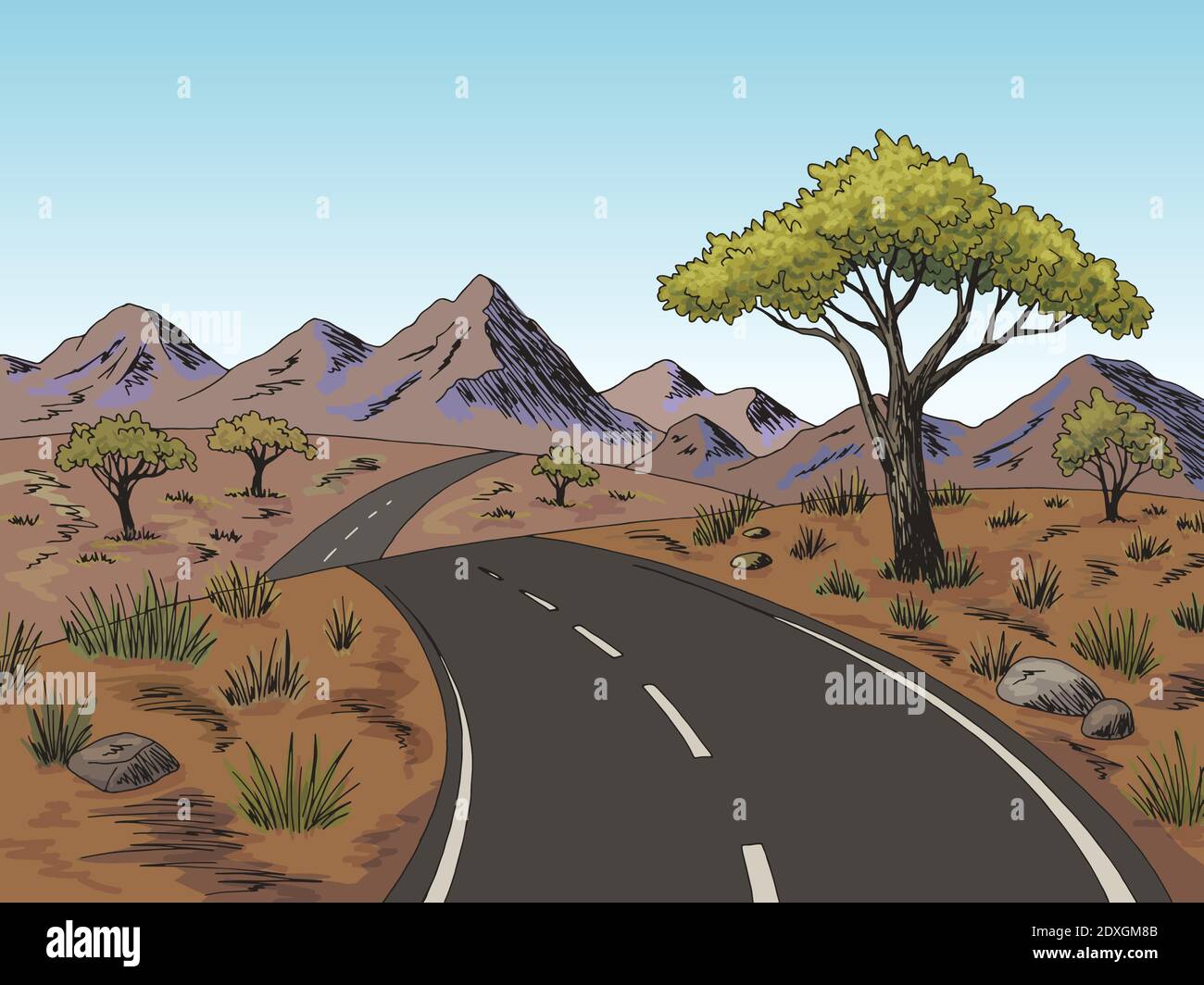 Savannah route graphique couleur paysage dessin illustration vecteur Illustration de Vecteur