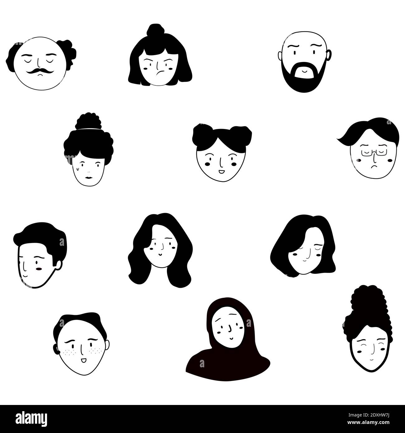 motif de collection jeu de caractères visage humain thème noir et blanc avec un style de dessin animé plat Illustration de Vecteur