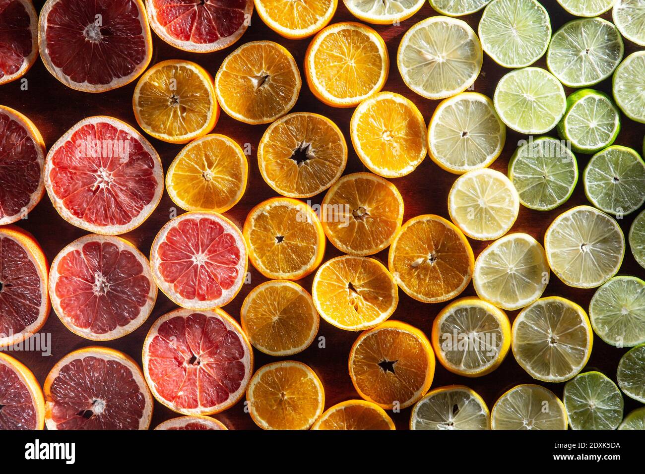 Fruits colorés à fond. Tranches d'agrumes, orange, citron, citron vert et pamplemousse. Vue de dessus Banque D'Images