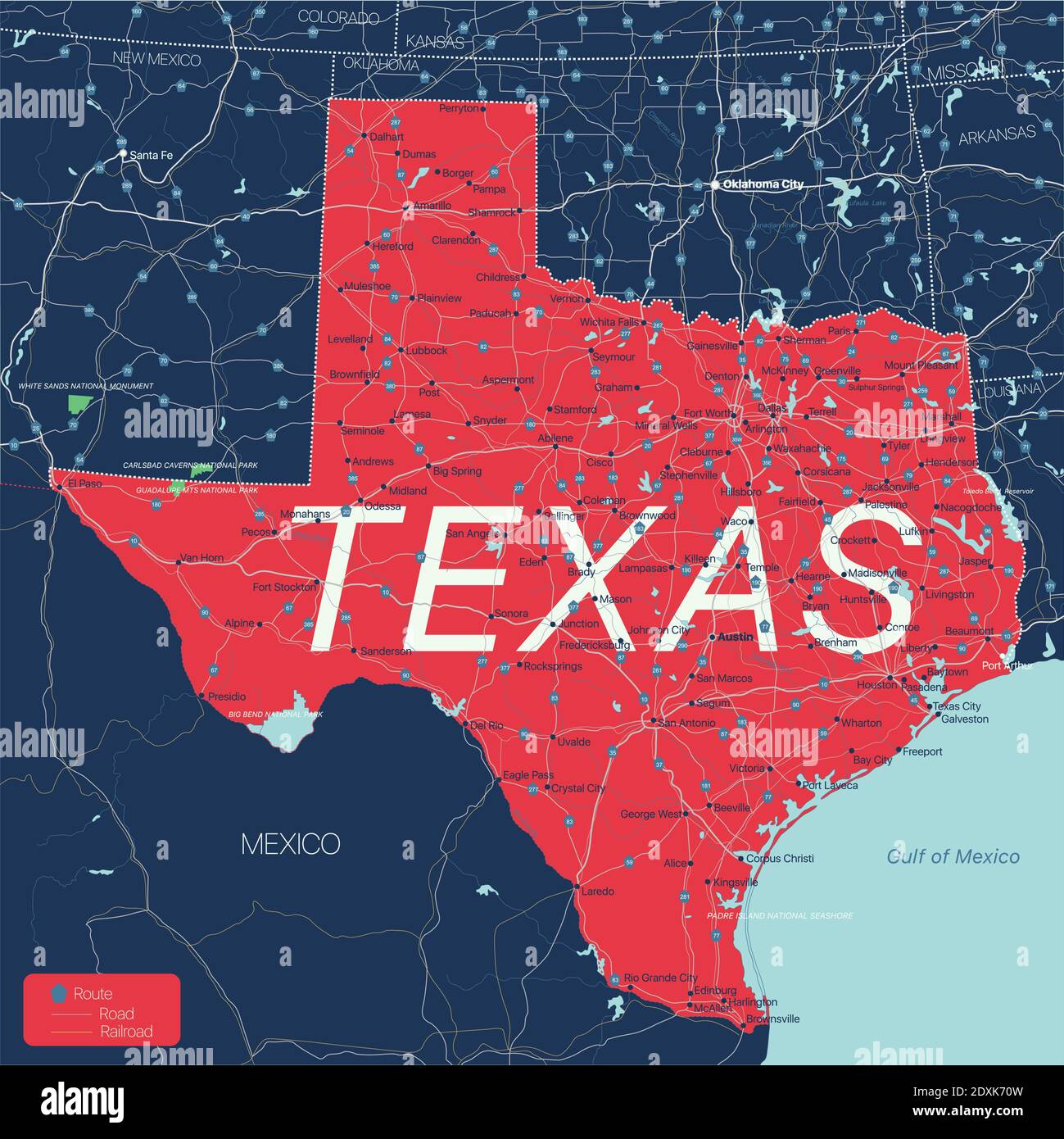 Carte modifiable détaillée de l #39 État du Texas avec villes et villes