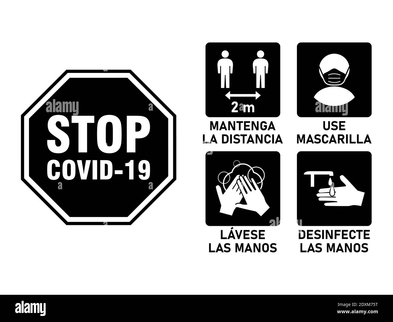 Ensemble d'icônes de coronavirus en espagnol, y compris garder une distance de 2 m ou 2 mètres, porter un masque facial, laver les mains et désinfecter vos mains. Image vectorielle. Illustration de Vecteur