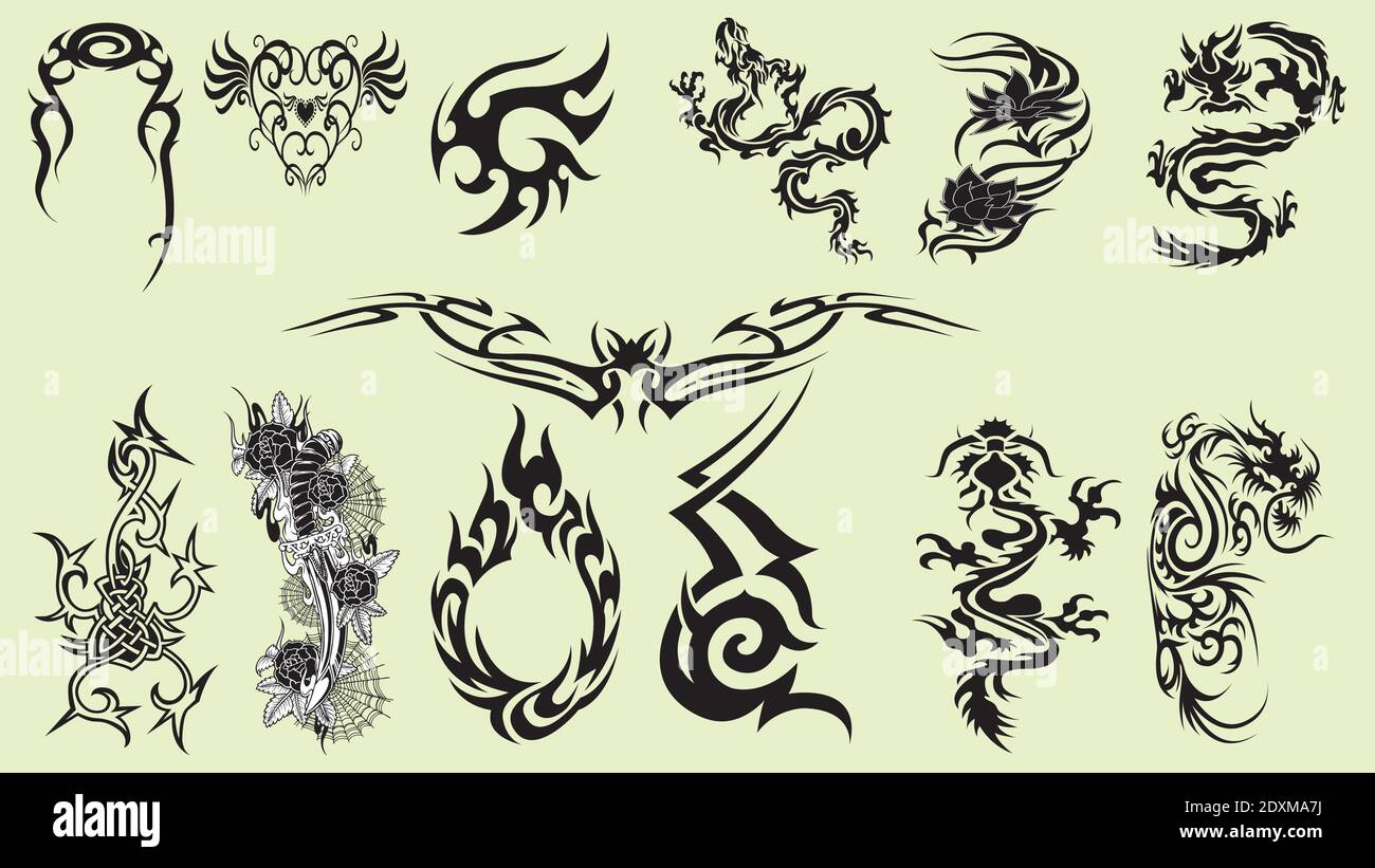 Ensemble de tatouages de couleur et de noir dans un style vintage traditionnel. Symboles Illustration de Vecteur