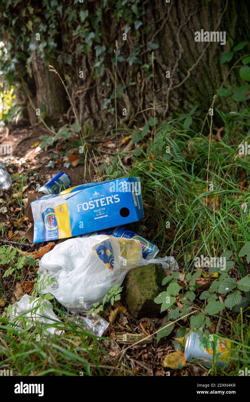 Des déchets laissés le long d'une ruelle de campagne par les passants. Cumbria, Royaume-Uni. Banque D'Images