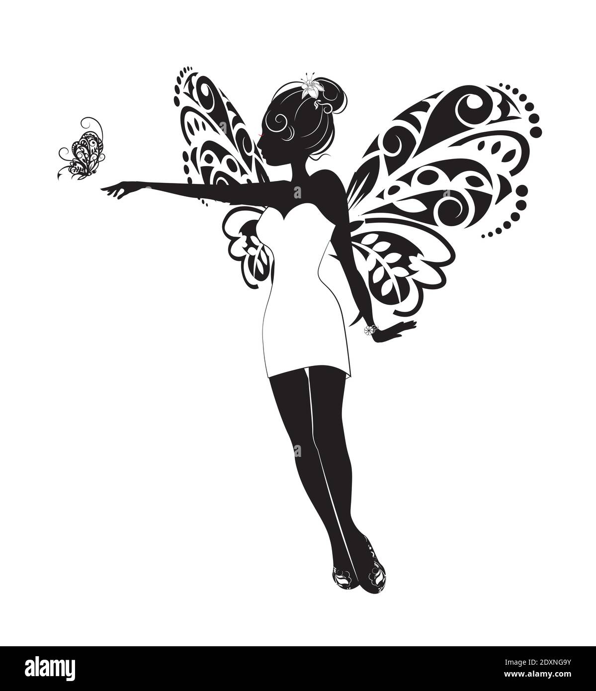 silhouette de belle fille de fée mince en robe blanche avec papillon, l'image à la main dessin style, pour t-shirt vêtements mode imprimé design, greeti Illustration de Vecteur