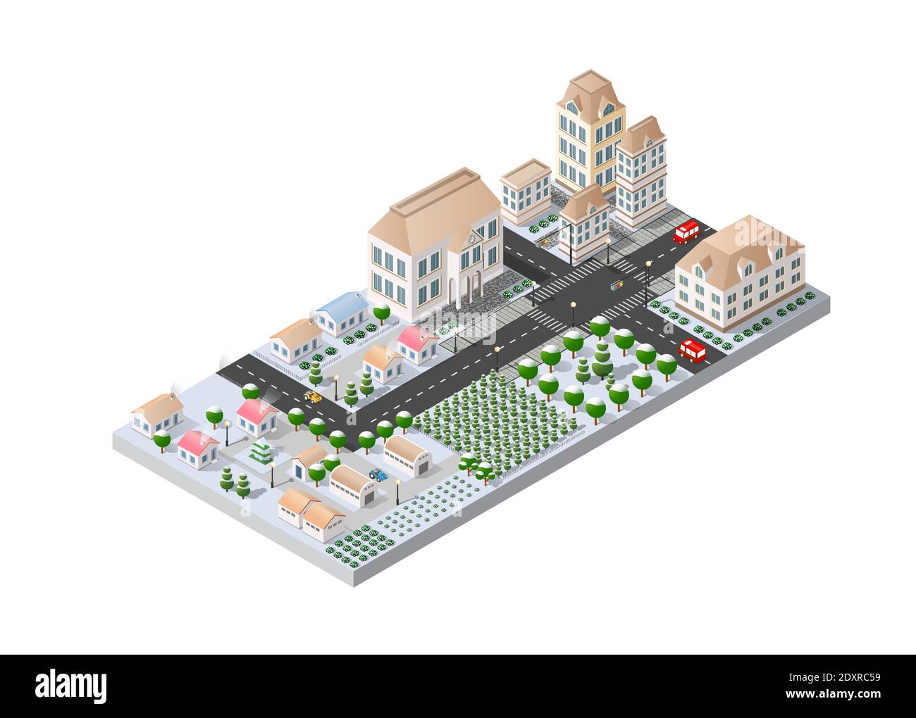 La neige paysagée couvrait la ville isométrique Illustration de Vecteur