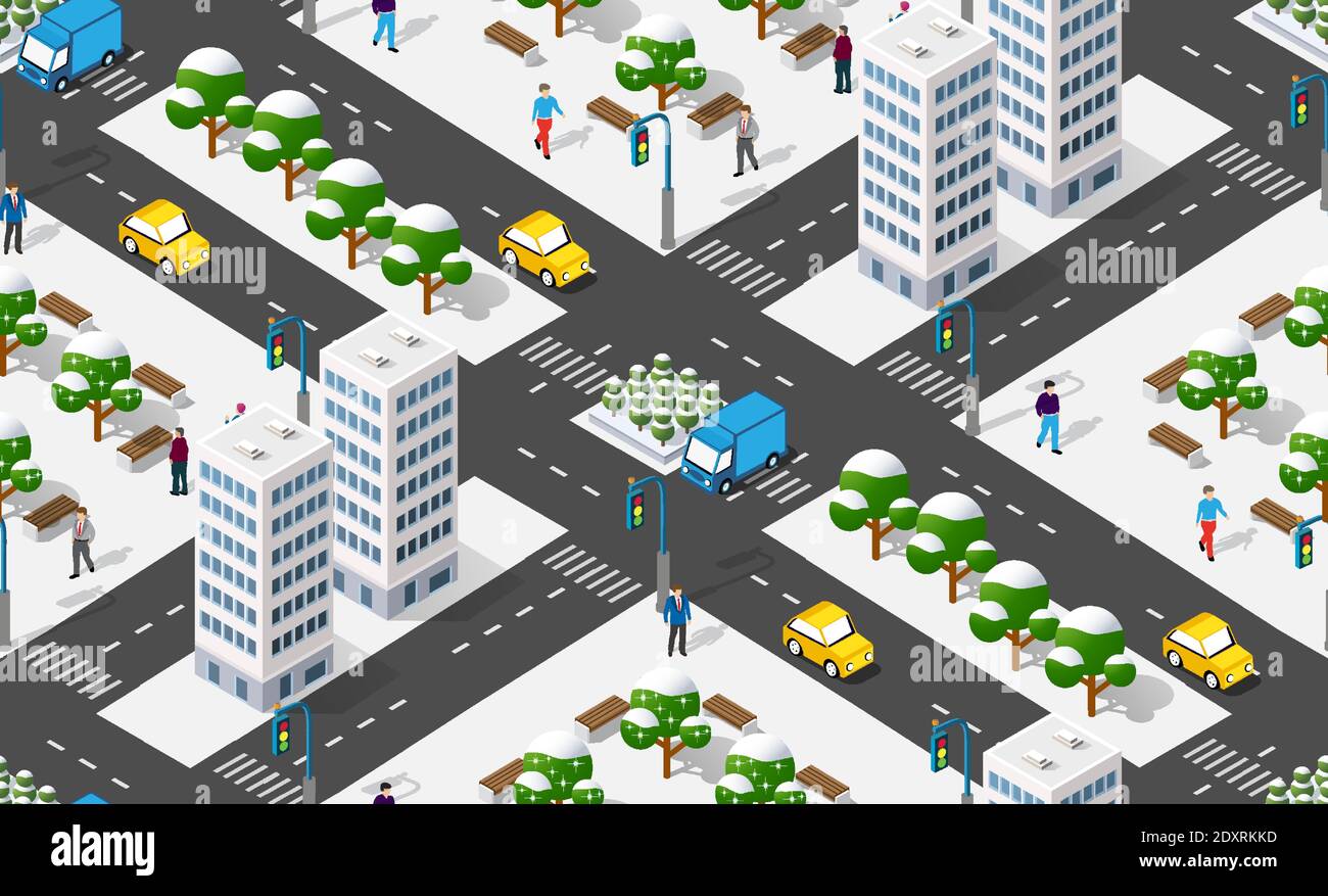Ville isométrique avec routes avec rues Illustration de Vecteur