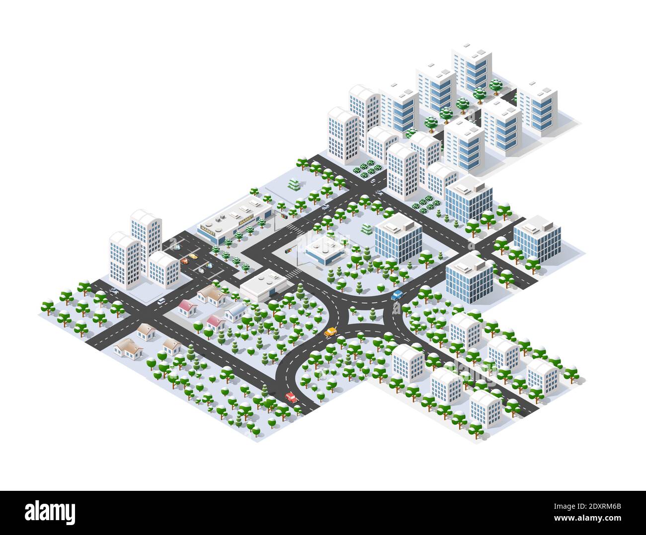 Arbre de ville d'hiver une ville isométrique avec des rues, Illustration de Vecteur