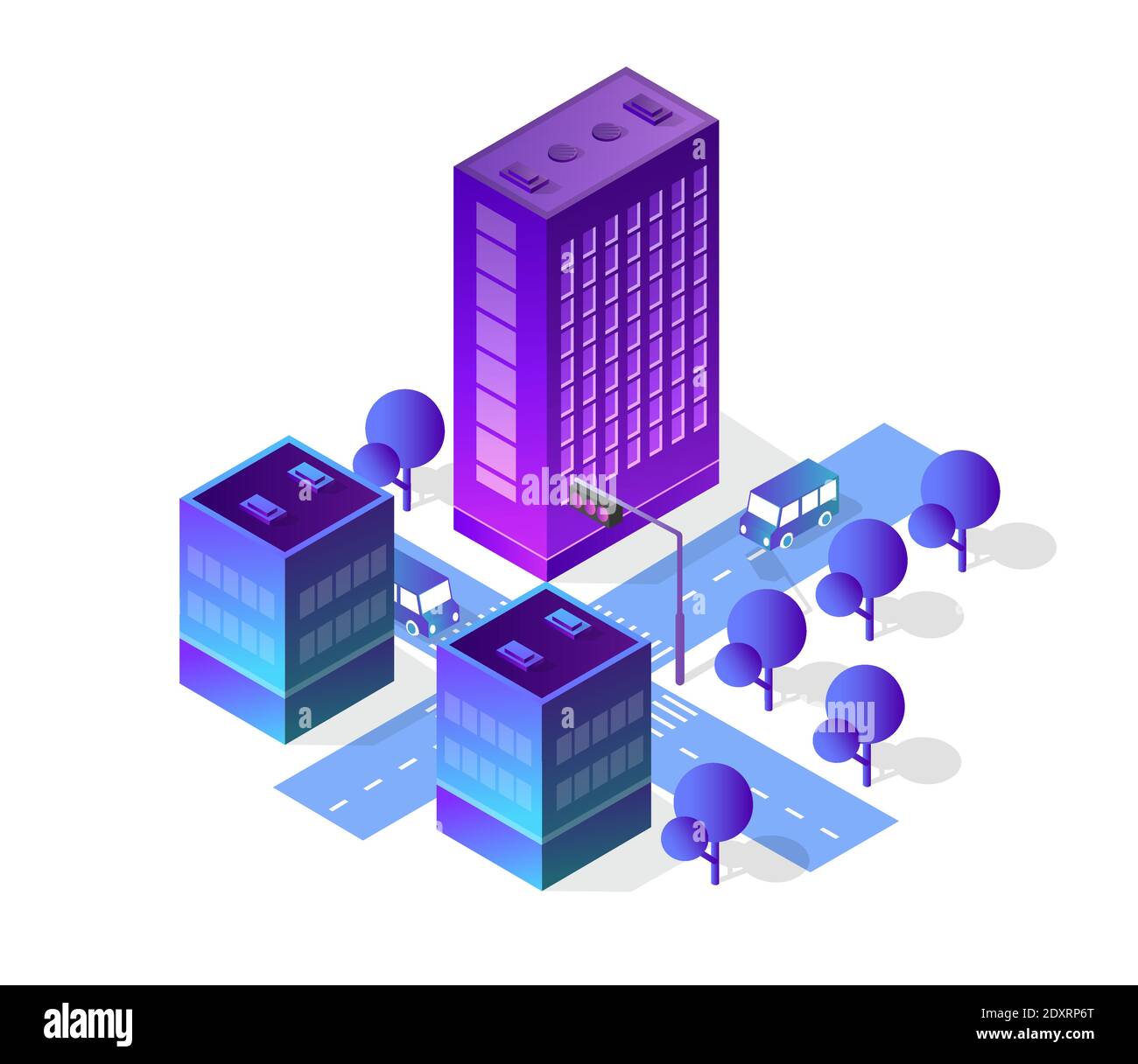 Ensemble de villes isométriques de couleurs violettes Illustration de Vecteur