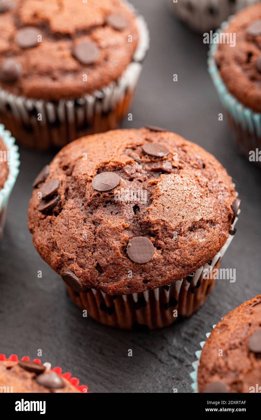 Muffin au chocolat. Muffin ou gâteau de tasse avec saupoudrer au chocolat. Vue verticale. Gros plan. Banque D'Images