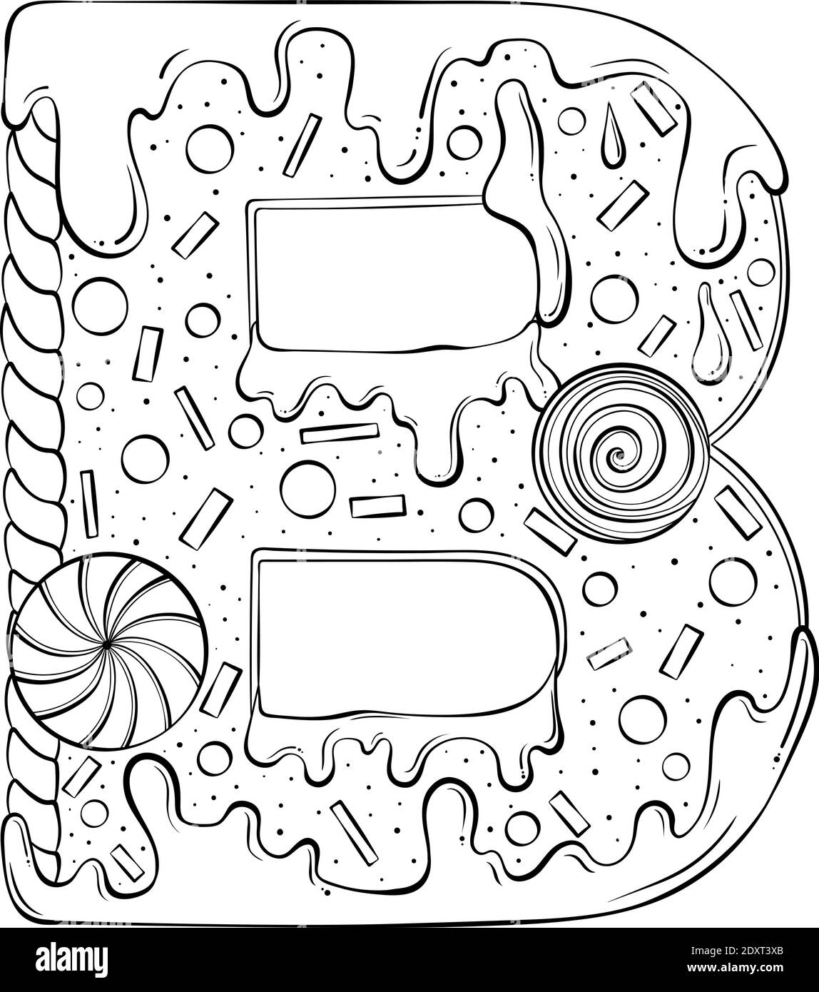 Lettre B. biscuits au pain d'épice sous forme de lettres. Police vectorielle de dessin animé, style art au trait dessiné à la main, isolée sur fond blanc. Modèle de logo lettrage. Design de livre de coloriage. Illustration de Vecteur