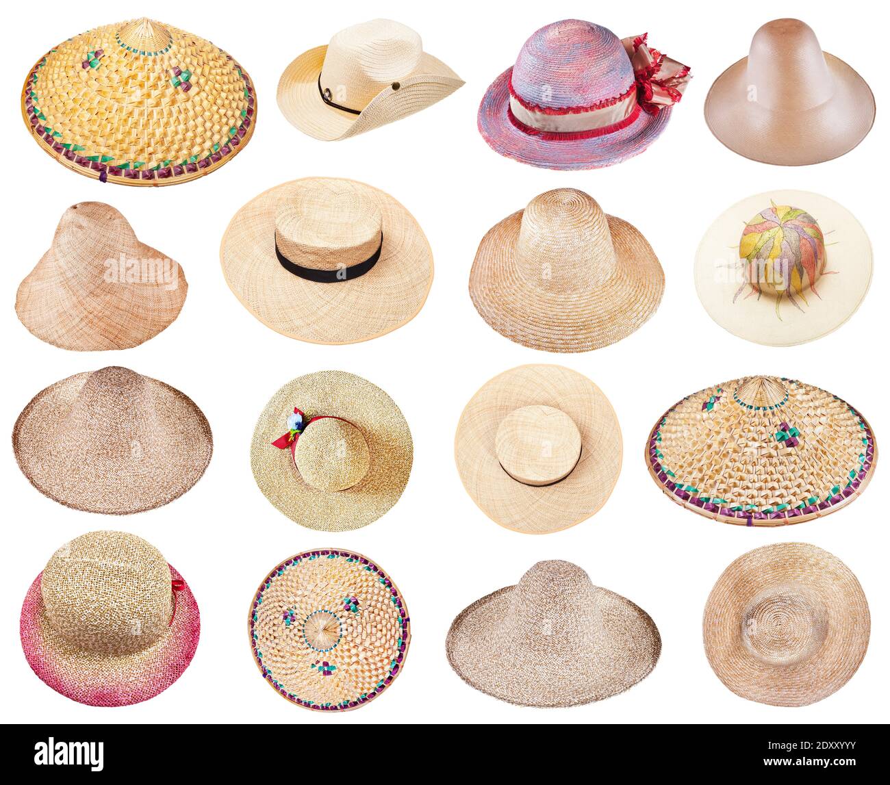 ensemble de différents chapeaux de paille d'été isolés sur fond blanc Banque D'Images