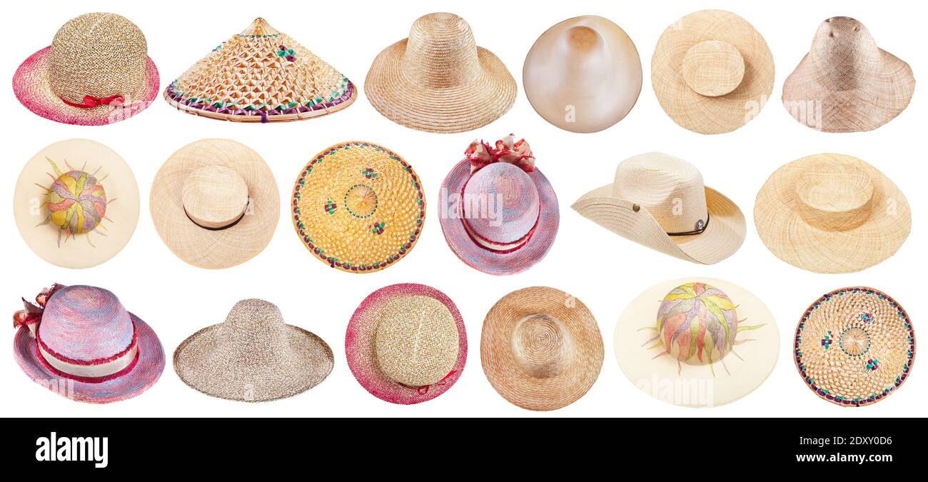 collection de divers chapeaux de paille d'été isolés sur fond blanc Banque D'Images