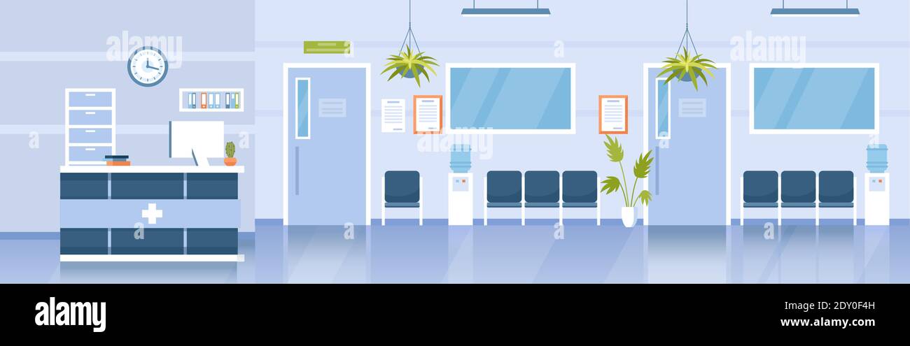 Hôpital salle de réception clinique intérieur, dessin animé moderne vide couloir médical avec banc Illustration de Vecteur
