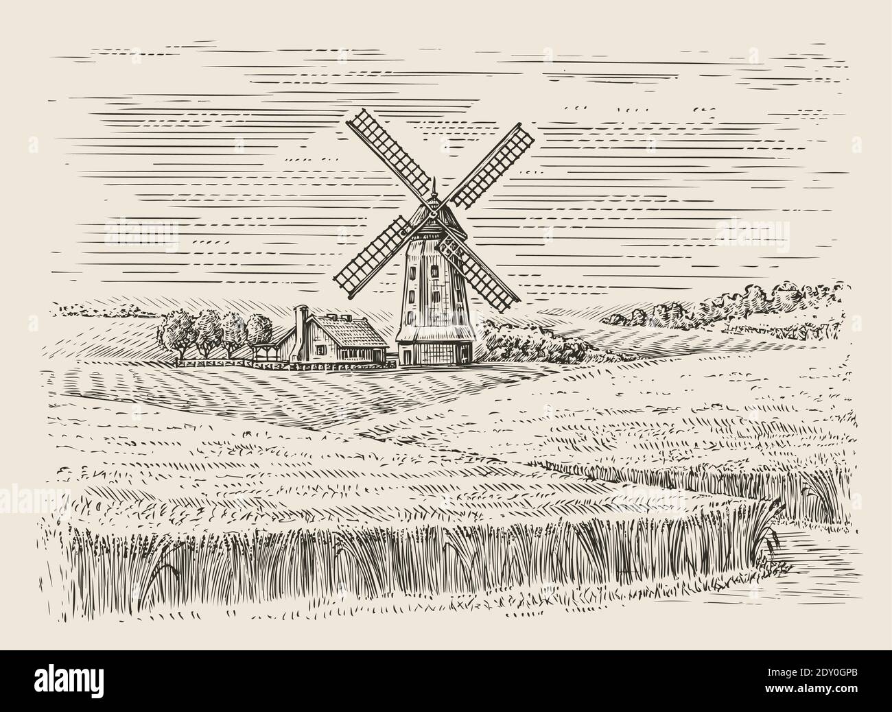 Croquis du champ de blé et du moulin à vent. Illustration vectorielle vintage paysage agricole Illustration de Vecteur