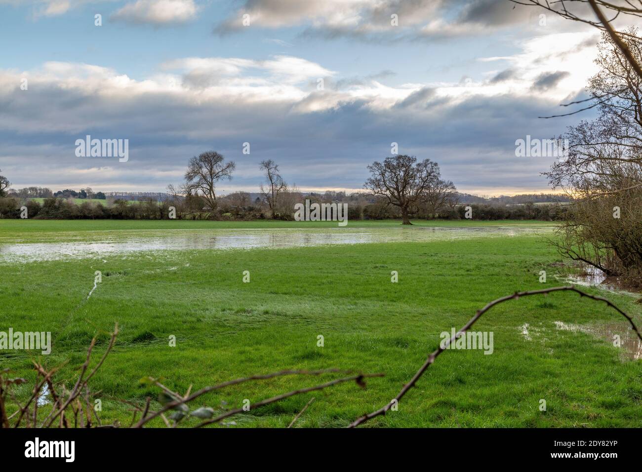 Terres inondées dans le Warwickshire, Angleterre, Royaume-Uni. Banque D'Images