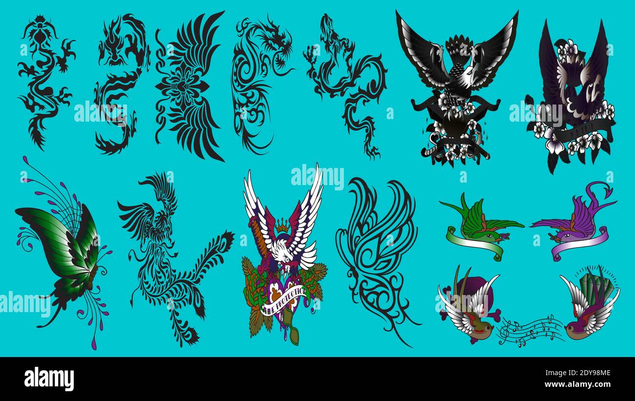 Ensemble de tatouages de couleur et de noir dans un style vintage traditionnel. Symboles Illustration de Vecteur