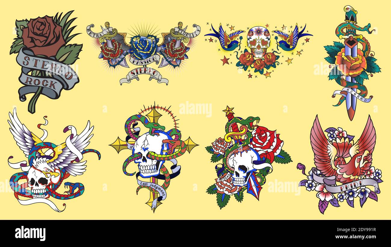 Ensemble de tatouages de couleur et de noir dans un style vintage traditionnel. Symboles Illustration de Vecteur