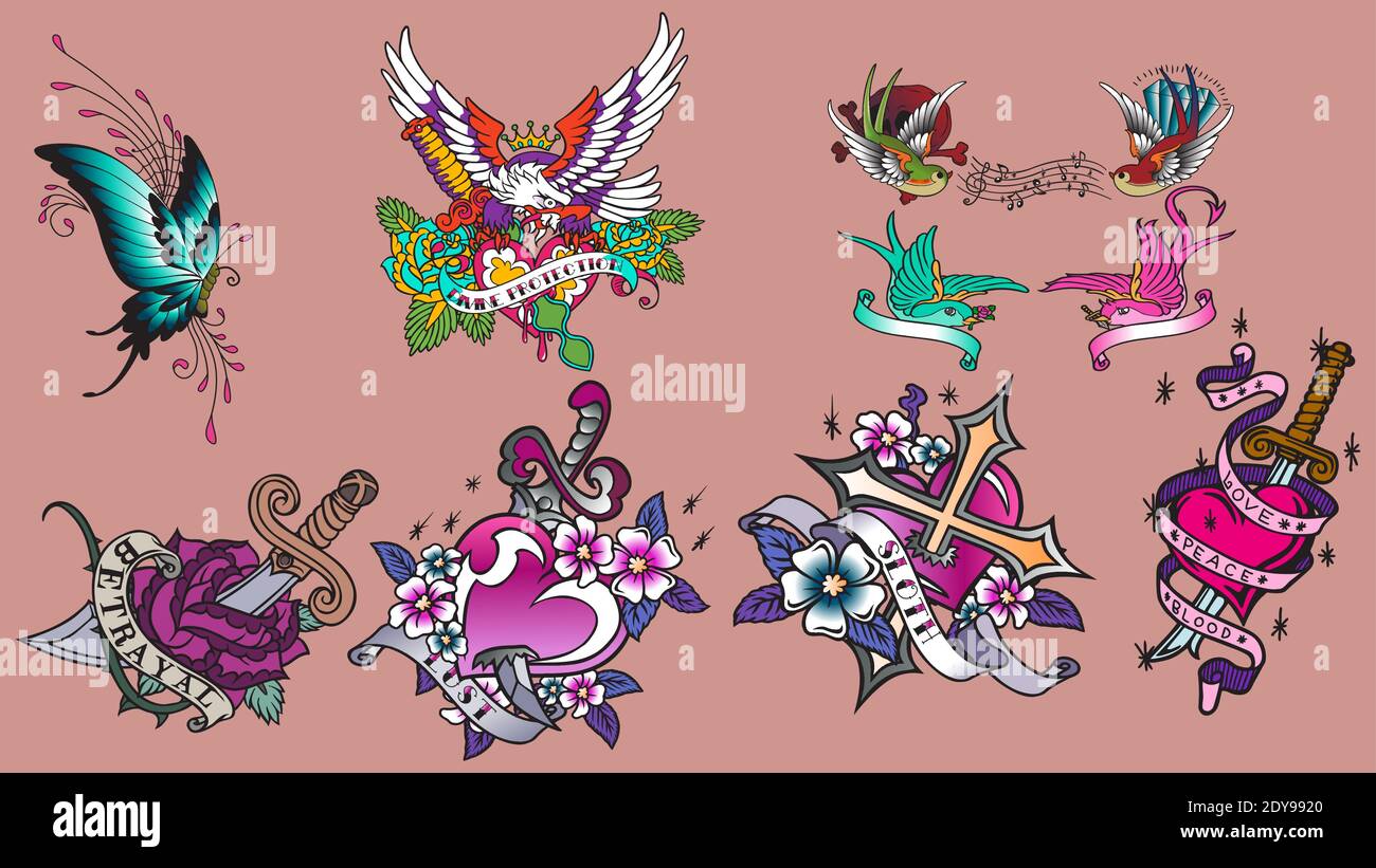 Ensemble de tatouages de couleur et de noir dans un style vintage traditionnel. Symboles Illustration de Vecteur