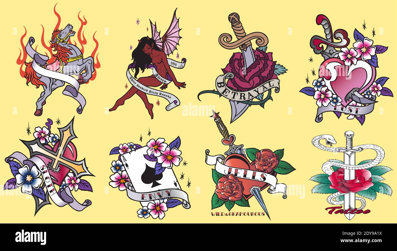 Ensemble de tatouages de couleur et de noir dans un style vintage traditionnel. Symboles Illustration de Vecteur