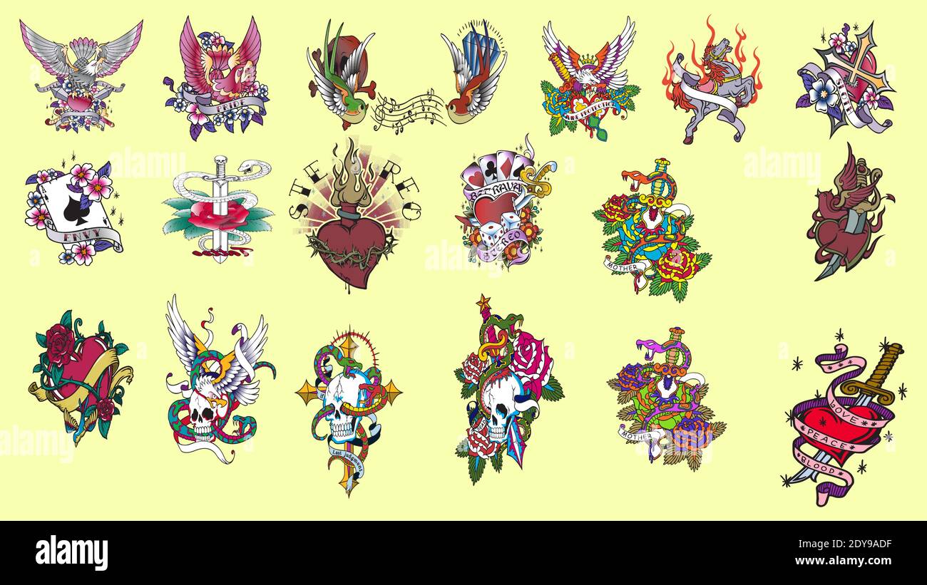 Ensemble de tatouages de couleur et de noir dans un style vintage traditionnel. Symboles Illustration de Vecteur