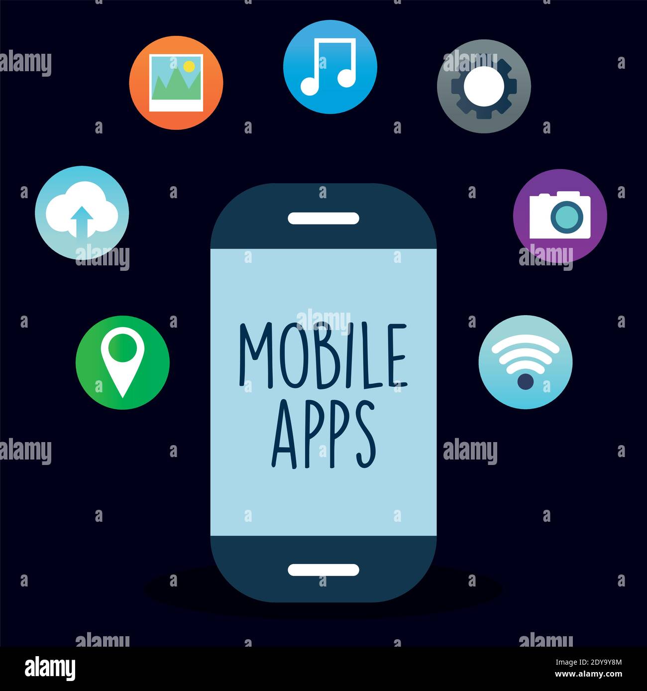 lettrage d'applications mobiles sur un téléphone avec un ensemble de icônes d'applications Illustration de Vecteur