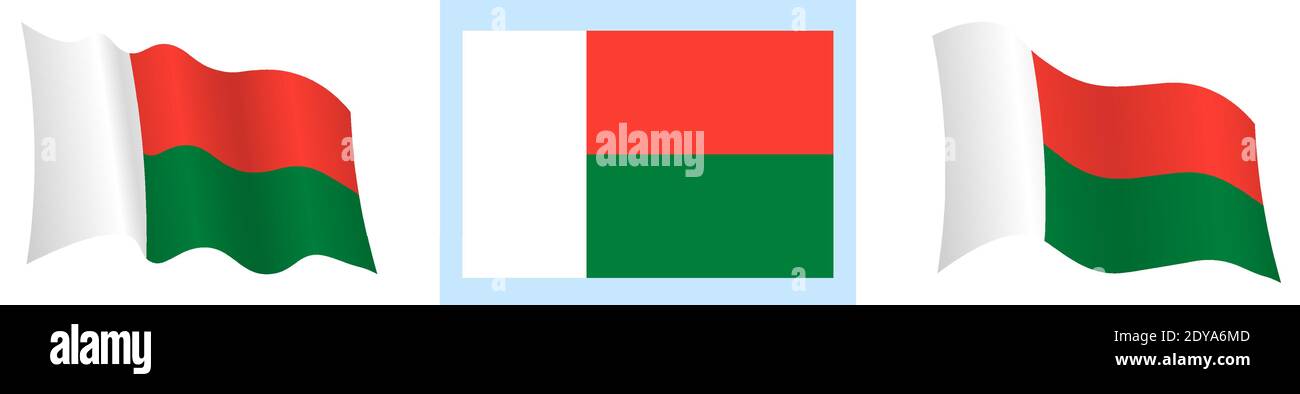 drapeau de madagascar en position statique et en mouvement, flottant dans le vent dans des couleurs et des tailles exactes, sur fond blanc Illustration de Vecteur