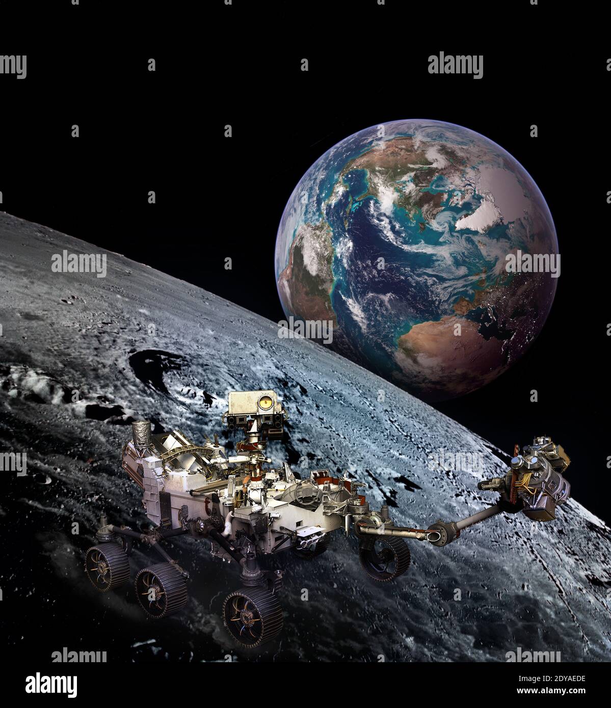 Moon rover sur la surface de la lune et la planète Terre qui s'élève. Éléments de cette image fournis par la NASA. Banque D'Images