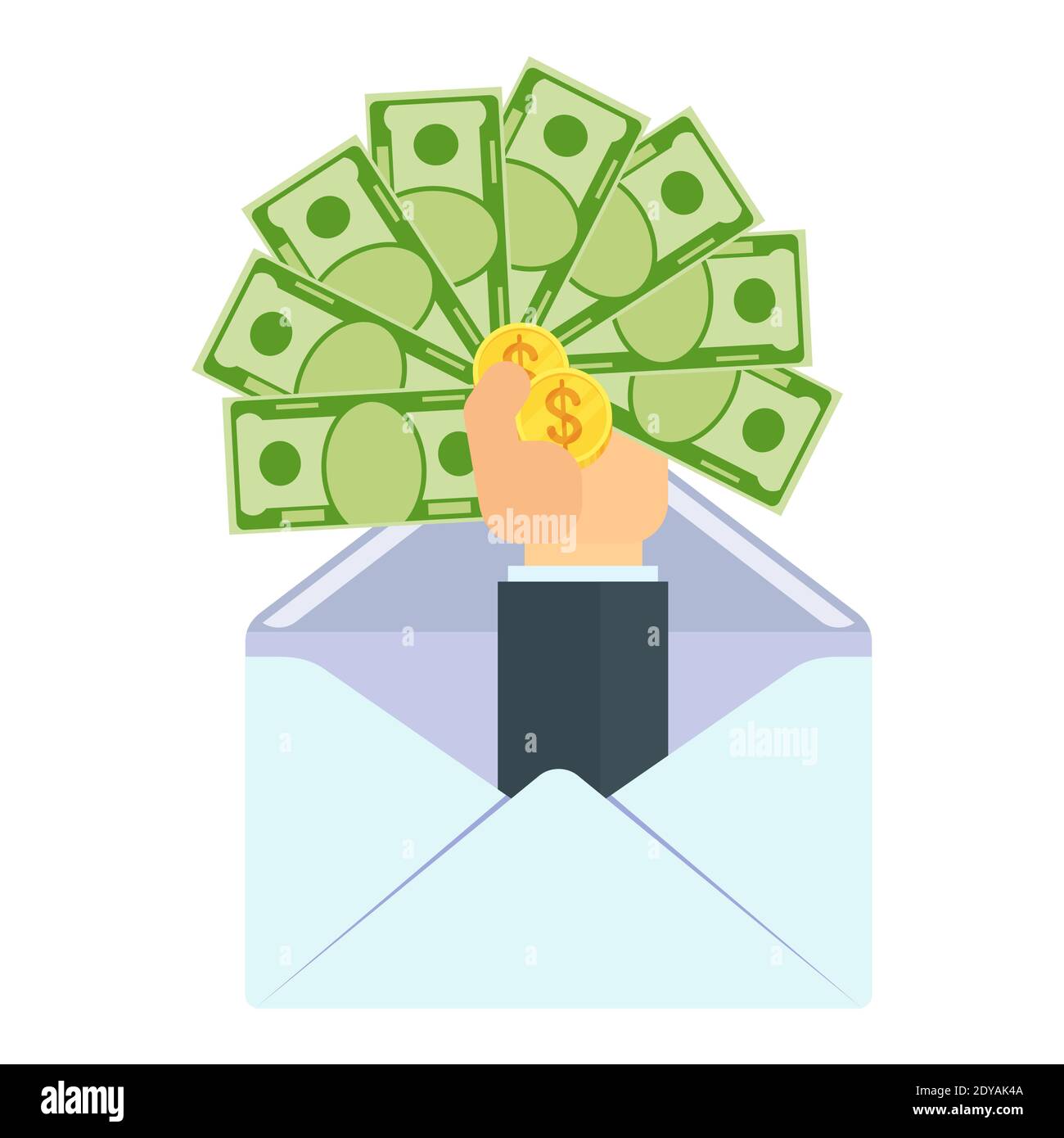 La main avec de l'argent sort de l'enveloppe. Paiement de services, pot-de-vin. Illustration de Vecteur