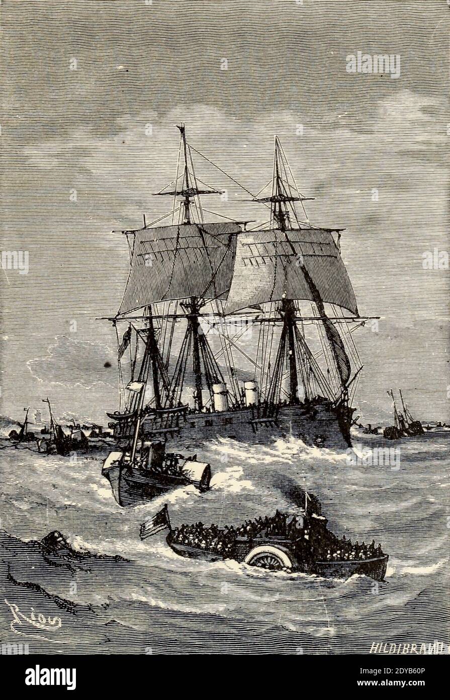 L'Abraham Lincoln a escorté hors de l'Hudson du livre vingt mille ligues sous les mers, ou, les aventures merveilleuses et passionnantes de Pierre Aronnax, le Conseil son serviteur, et Ned Land, un harpooner canadien de Verne, Jules, 1828-1905 publié à Boston par J.R. Osgood en 1875 Banque D'Images