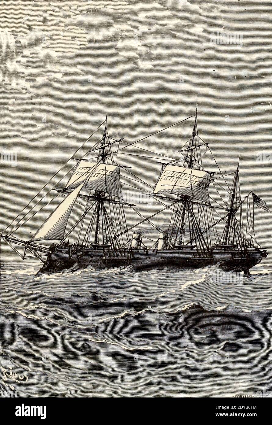 La frégate américaine Abraham Lincoln du livre vingt mille ligues sous les mers, ou, les aventures merveilleuses et passionnantes de Pierre Aronnax, le Conseil son serviteur, et Ned Land, un harpooner canadien de Verne, Jules, 1828-1905 publié à Boston par J.R. Osgood en 1875 Banque D'Images