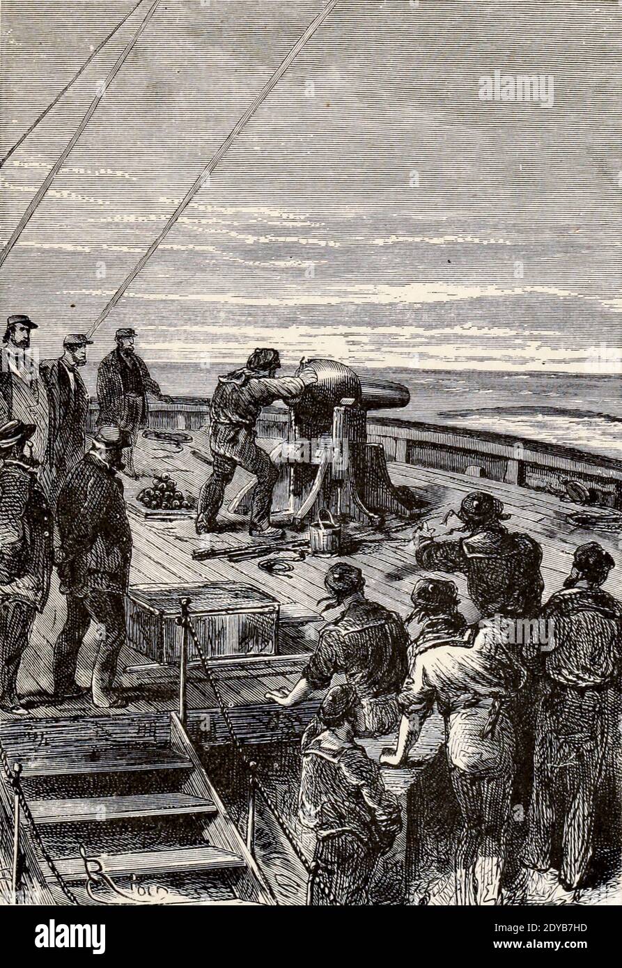 Le vieux tireur, à l'œil ferme et au visage grave, a pris un long but dans le livre vingt mille ligues sous les mers, ou, les aventures merveilleuses et passionnantes de Pierre Aronnax, Conseil son serviteur, et Ned Land, un harpooner canadien de Verne, Jules, 1828-1905 publié à Boston par J.R. Osgood en 1875 Banque D'Images