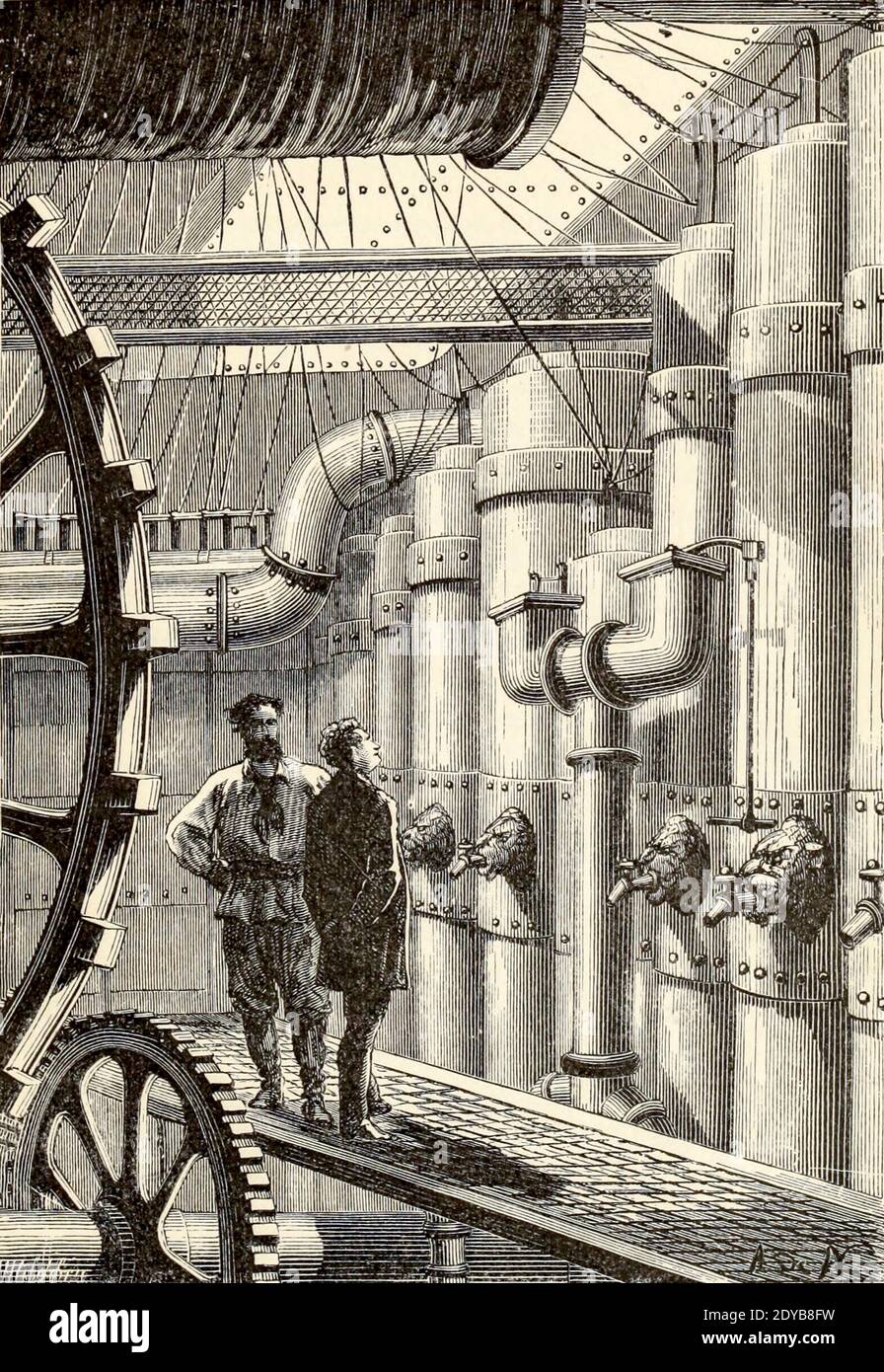 La salle des machines du Nautilus du livre vingt mille ligues sous les mers, ou, les aventures merveilleuses et passionnantes de Pierre Aronnax, Conseil son serviteur, et Ned Land, un harpooner canadien de Verne, Jules, 1828-1905 publié à Boston par J.R. Osgood en 1875 Banque D'Images
