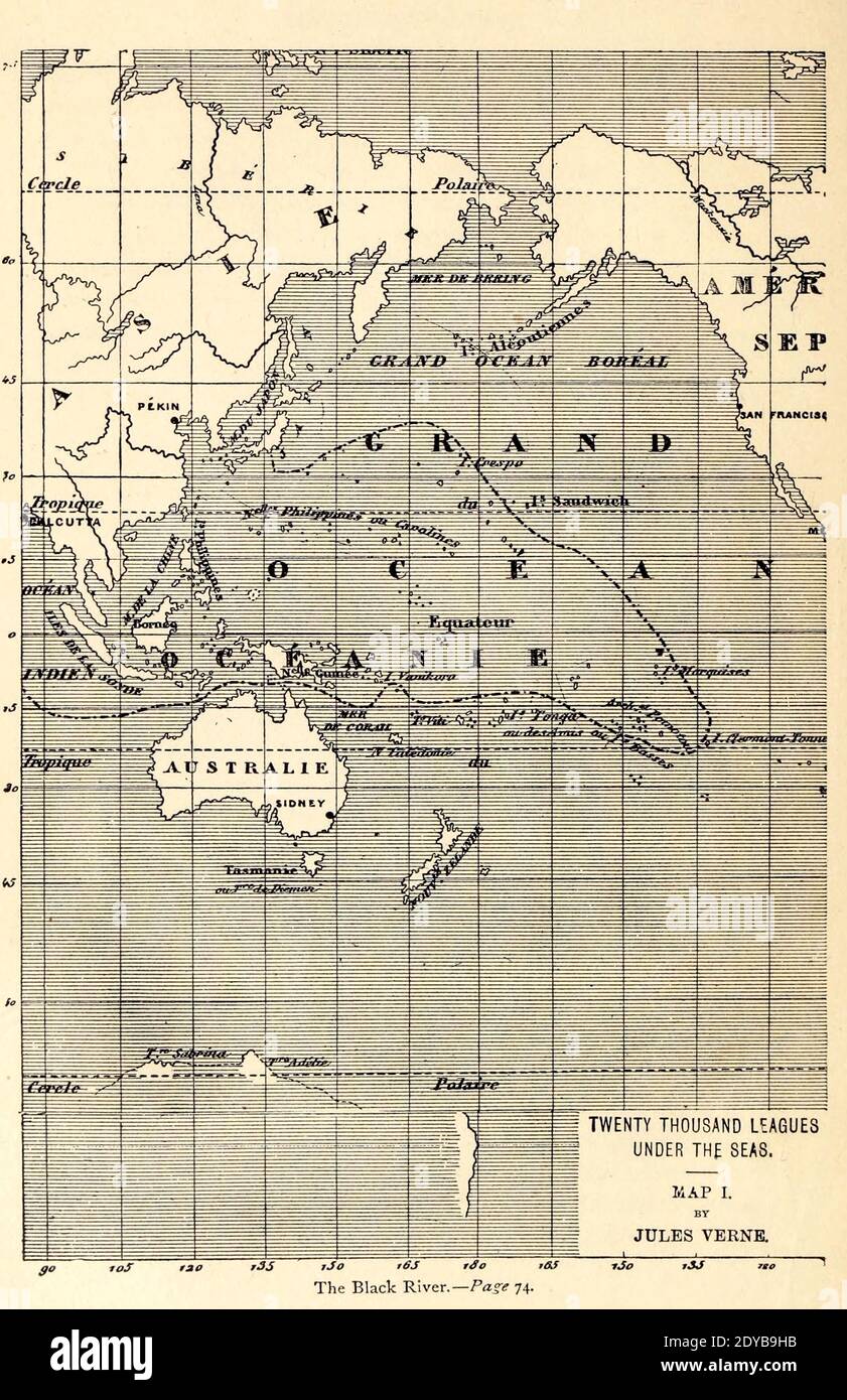 La rivière Noire du livre vingt mille ligues sous les mers, ou, les aventures merveilleuses et passionnantes de Pierre Aronnax, Conseil son serviteur, et Ned Land, un harpooner canadien de Verne, Jules, 1828-1905 publié à Boston par J.R. Osgood en 1875 Banque D'Images