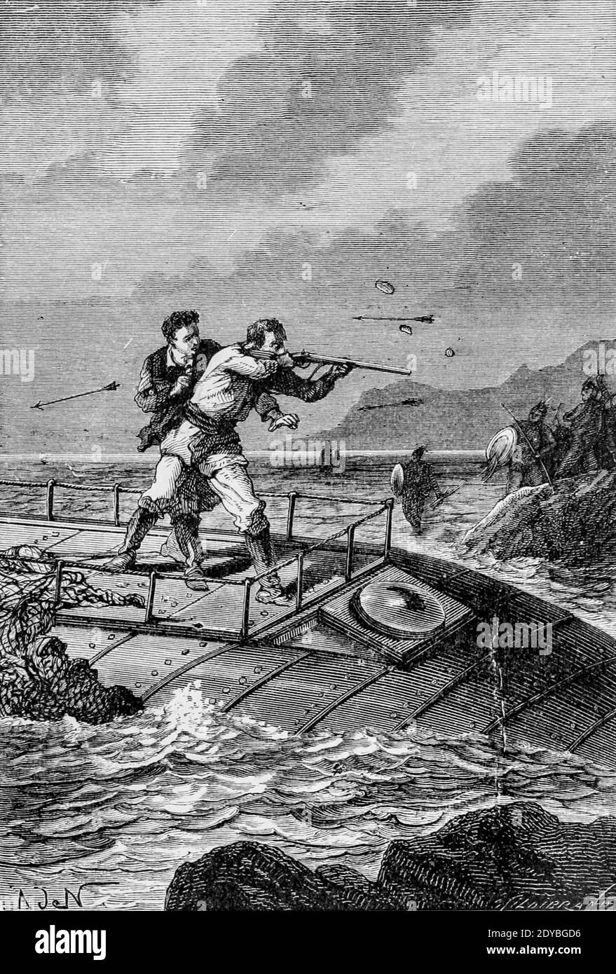 Conseil a pris son fusil, et a visé un sauvage qui a braqué son élingue à dix mètres de lui du Livre vingt mille ligues sous les mers, ou, les aventures merveilleuses et passionnantes de Pierre Aronnax, Conseil son serviteur, Et Ned Land, un harpooner canadien de Verne, Jules, 1828-1905 publié à Boston par J.R. Osgood en 1875 Banque D'Images