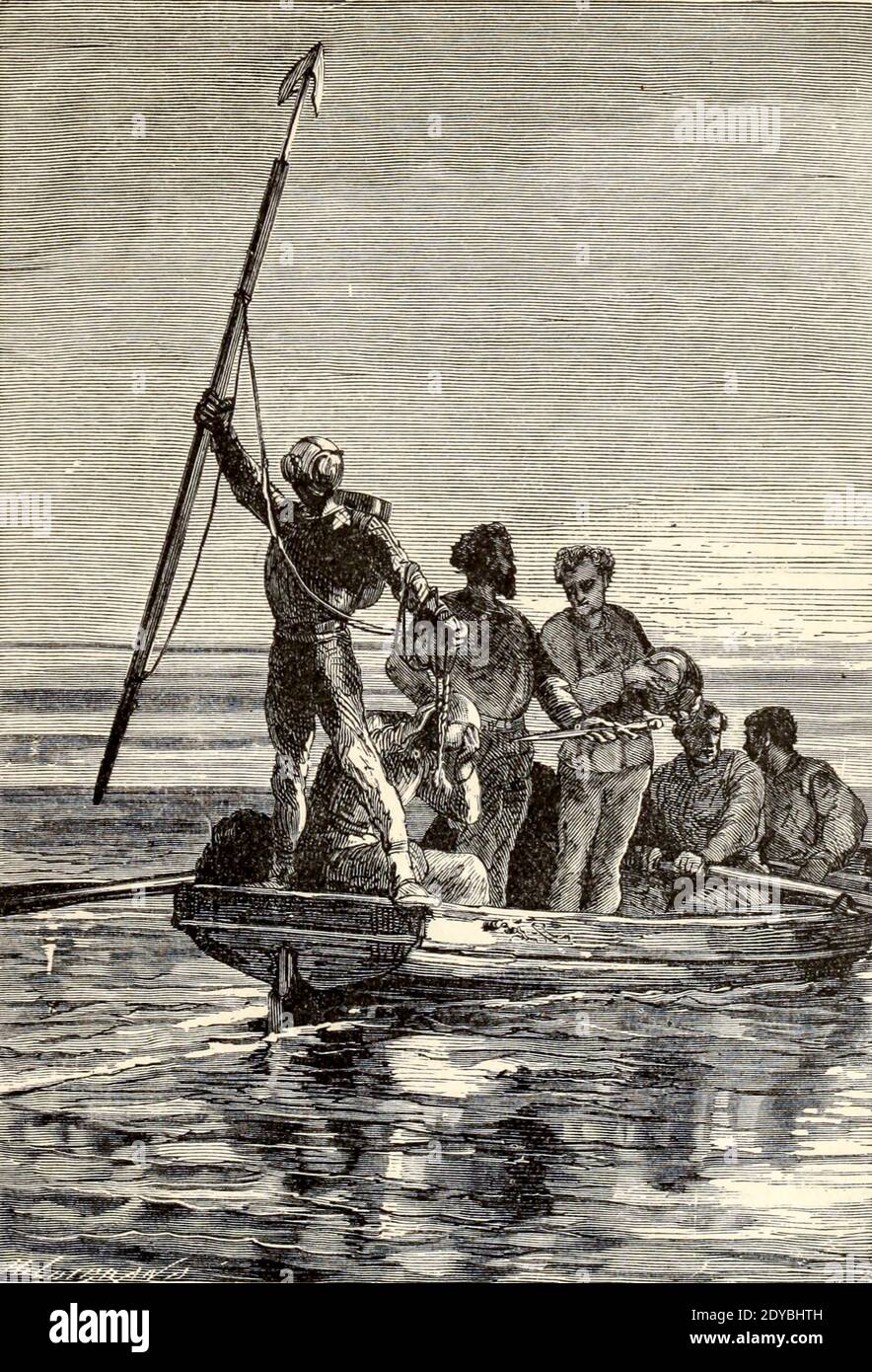 Ned Land brandisait un énorme harpon du livre vingt mille ligues sous les mers, ou, les aventures merveilleuses et passionnantes de Pierre Aronnax, Conseil son serviteur, et Ned Land, un harpooner canadien de Verne, Jules, 1828-1905 publié à Boston par J.R. Osgood en 1875 Banque D'Images