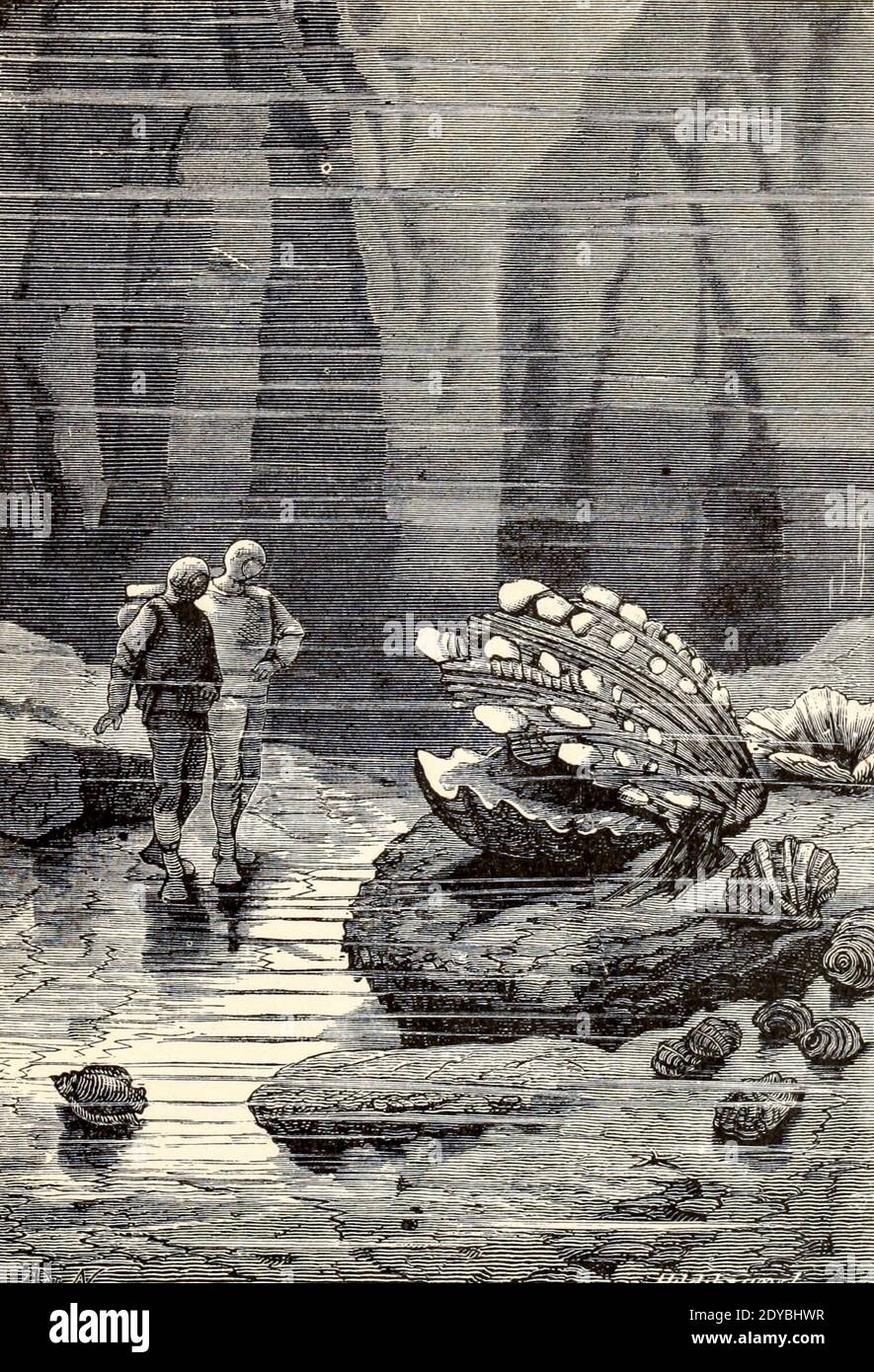 Une huître aux dimensions extraordinaires du livre vingt mille ligues sous les mers, ou, les aventures merveilleuses et passionnantes de Pierre Aronnax, Conseil son serviteur, et Ned Land, un harpooner canadien de Verne, Jules, 1828-1905 publié à Boston par J.R. Osgood en 1875 Banque D'Images