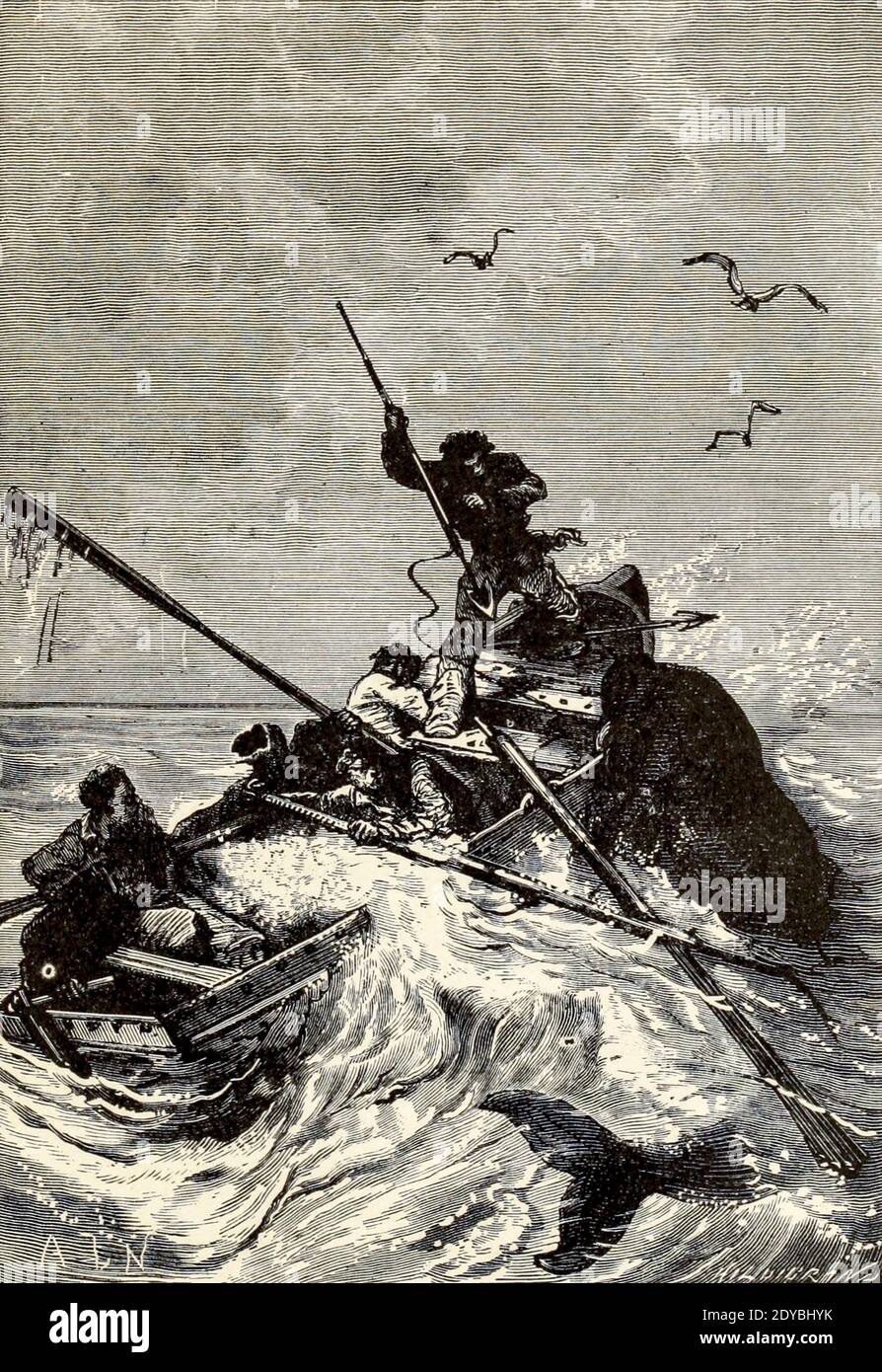 Ned Land, son corps a jeté un peu en arrière, brandit le harpon du livre vingt mille ligues sous les mers, ou, les aventures merveilleuses et passionnantes de Pierre Aronnax, Conseil son serviteur, et Ned Land, un harpooner canadien de Verne, Jules, 1828-1905 publié à Boston par J.R. Osgood en 1875 Banque D'Images
