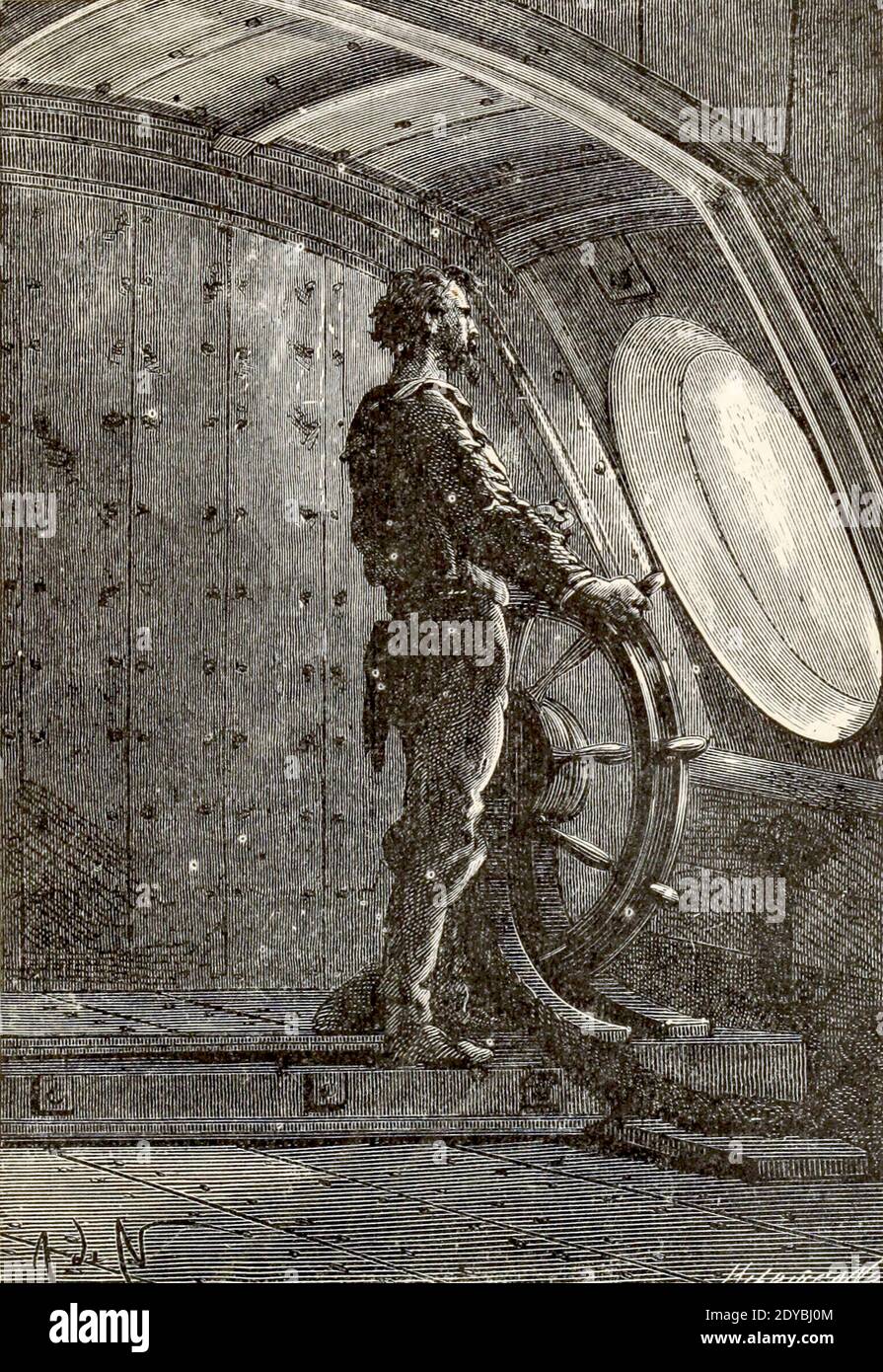 Capitaine Nemo à la barre du livre vingt mille ligues sous les mers, ou, les aventures merveilleuses et passionnantes de Pierre Aronnax, Conseil son serviteur, et Ned Land, un harpooner canadien de Verne, Jules, 1828-1905 publié à Boston par J.R. Osgood en 1875 Banque D'Images