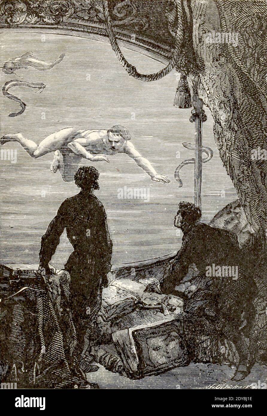Un homme naufragé ? Il doit être sauvé à tout prix du livre vingt mille ligues sous les mers, ou, les aventures merveilleuses et passionnantes de Pierre Aronnax, Conseil son serviteur, et Ned Land, un harpooner canadien de Verne, Jules, 1828-1905 publié à Boston par J.R. Osgood en 1875 Banque D'Images