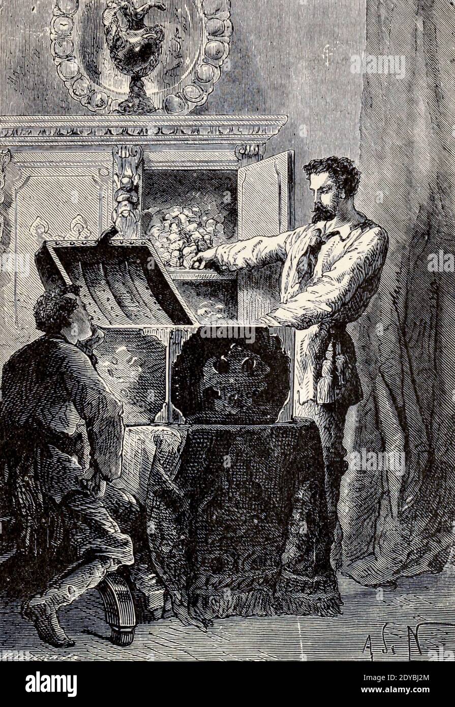 À ce moment-là, le capitaine ouvrit une sorte de boîte forte, qui tenait un grand nombre de lingots d'or du Livre vingt mille ligues sous les mers, ou, les aventures merveilleuses et passionnantes de Pierre Aronnax, Conseil son serviteur, Et Ned Land, un harpooner canadien de Verne, Jules, 1828-1905 publié à Boston par J.R. Osgood en 1875 Banque D'Images