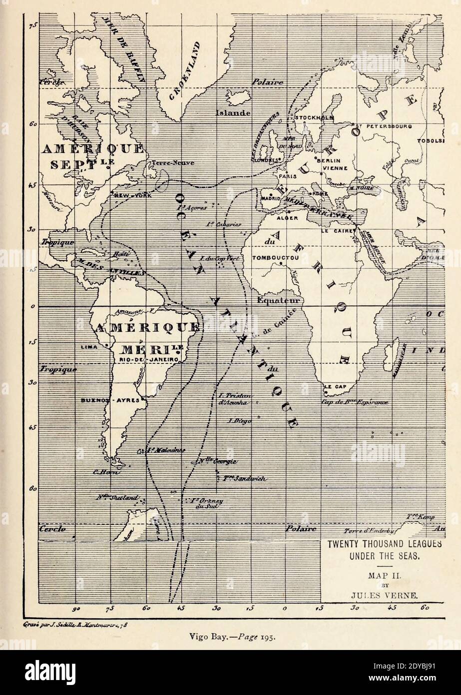 Carte de Vigo Bay du livre vingt mille ligues sous les mers, ou, les aventures merveilleuses et passionnantes de Pierre Aronnax, Conseil son serviteur, et Ned Land, un harpooner canadien de Verne, Jules, 1828-1905 publié à Boston par J.R. Osgood en 1875 Banque D'Images