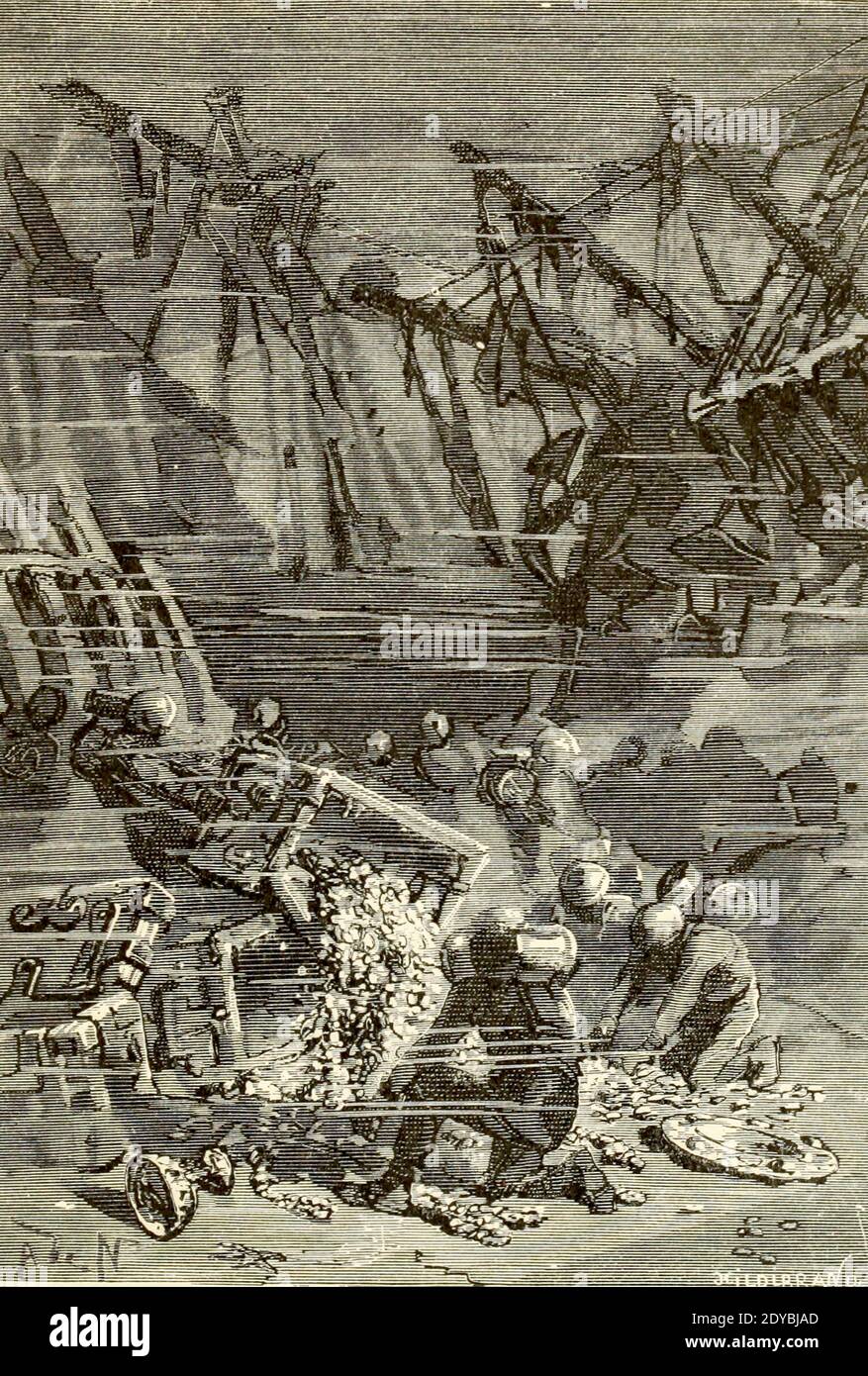 De ces cas échappèrent des lingots d'or et d'argent, des cascades de piastres et de pierres précieuses du Livre vingt mille ligues sous les mers, ou, les aventures merveilleuses et passionnantes de Pierre Aronnax, Conseil son serviteur, Et Ned Land, un harpooner canadien de Verne, Jules, 1828-1905 publié à Boston par J.R. Osgood en 1875 Banque D'Images