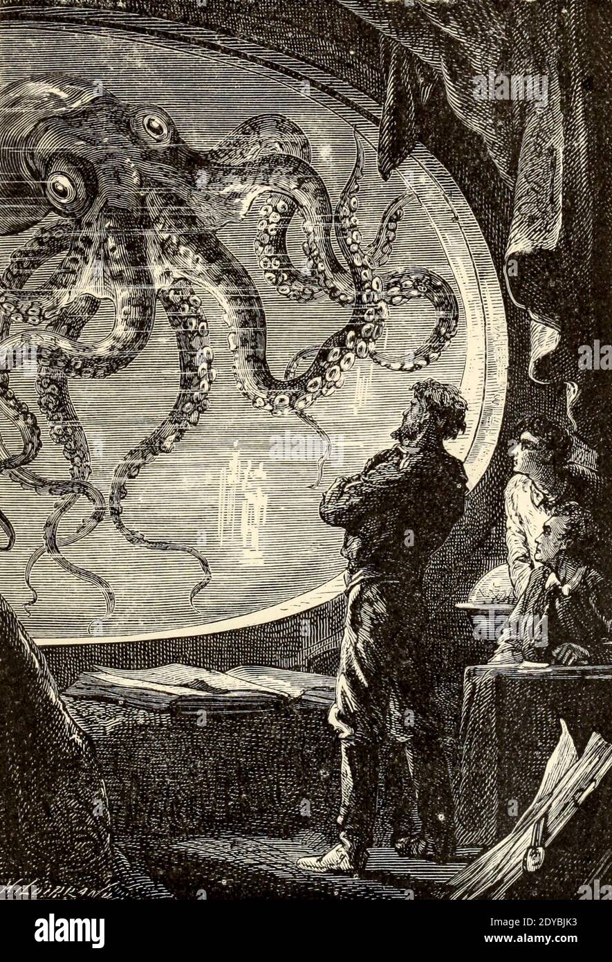 Sous mes yeux était un horrible monstre du livre vingt mille ligues sous les mers, ou, les aventures merveilleuses et passionnantes de Pierre Aronnax, Conseil son serviteur, et Ned Land, un harpooner canadien de Verne, Jules, 1828-1905 publié à Boston par J.R. Osgood en 1875 Banque D'Images
