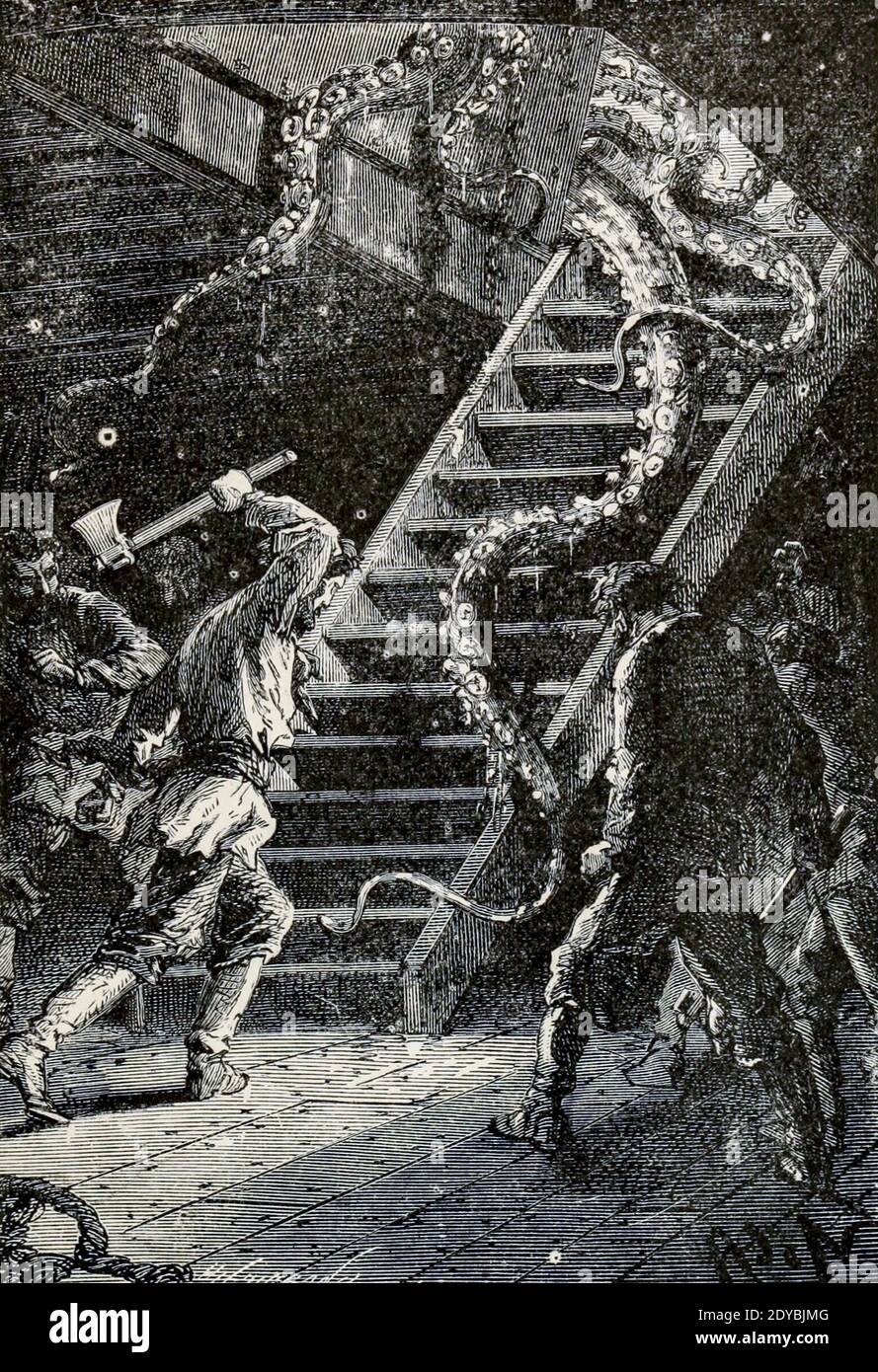 Avec un coup de hache, le capitaine Nemo a coupé ce formidable tentacule du livre vingt mille ligues sous les mers, ou, les aventures merveilleuses et passionnantes de Pierre Aronnax, Conseil son serviteur, et Ned Land, un harpooner canadien de Verne, Jules, 1828-1905 publié à Boston par J.R. Osgood en 1875 Banque D'Images