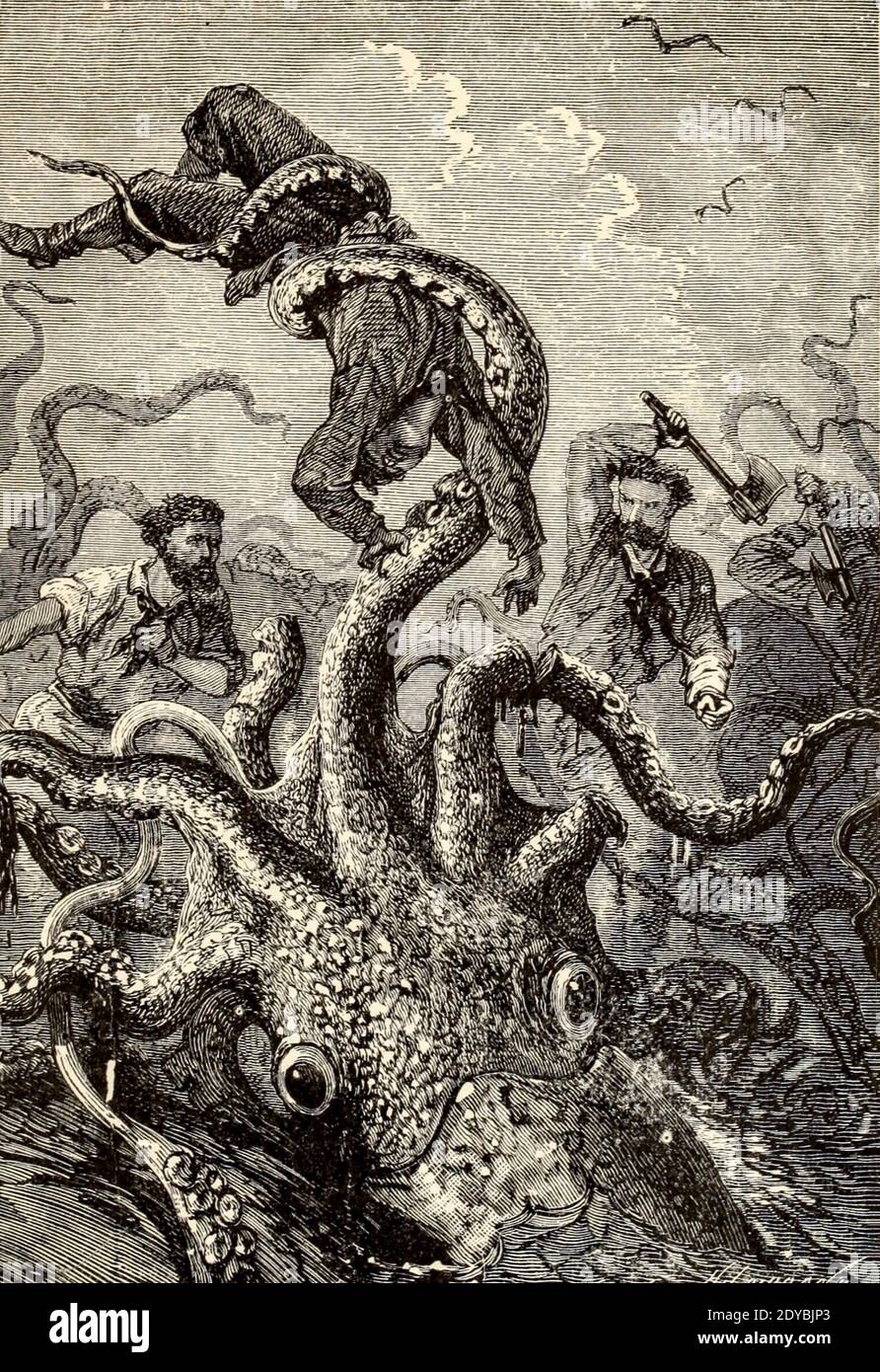 Une seule de ses armes s'est emmêlée dans l'air, brandissant la victime comme une plume du Livre vingt mille ligues sous les mers, ou, les aventures merveilleuses et passionnantes de Pierre Aronnax, Conseil son serviteur, Et Ned Land, un harpooner canadien de Verne, Jules, 1828-1905 publié à Boston par J.R. Osgood en 1875 Banque D'Images